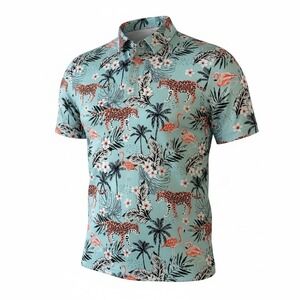 Greenside Golf Polo Shirt Mens M Tropical Flamingo Leopard Palm Print Stretch